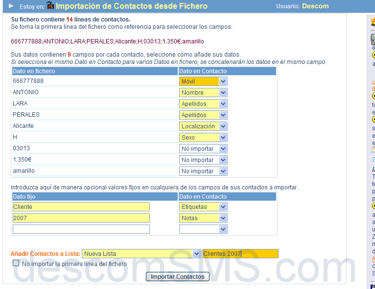 Importar contactos a Descom SMS